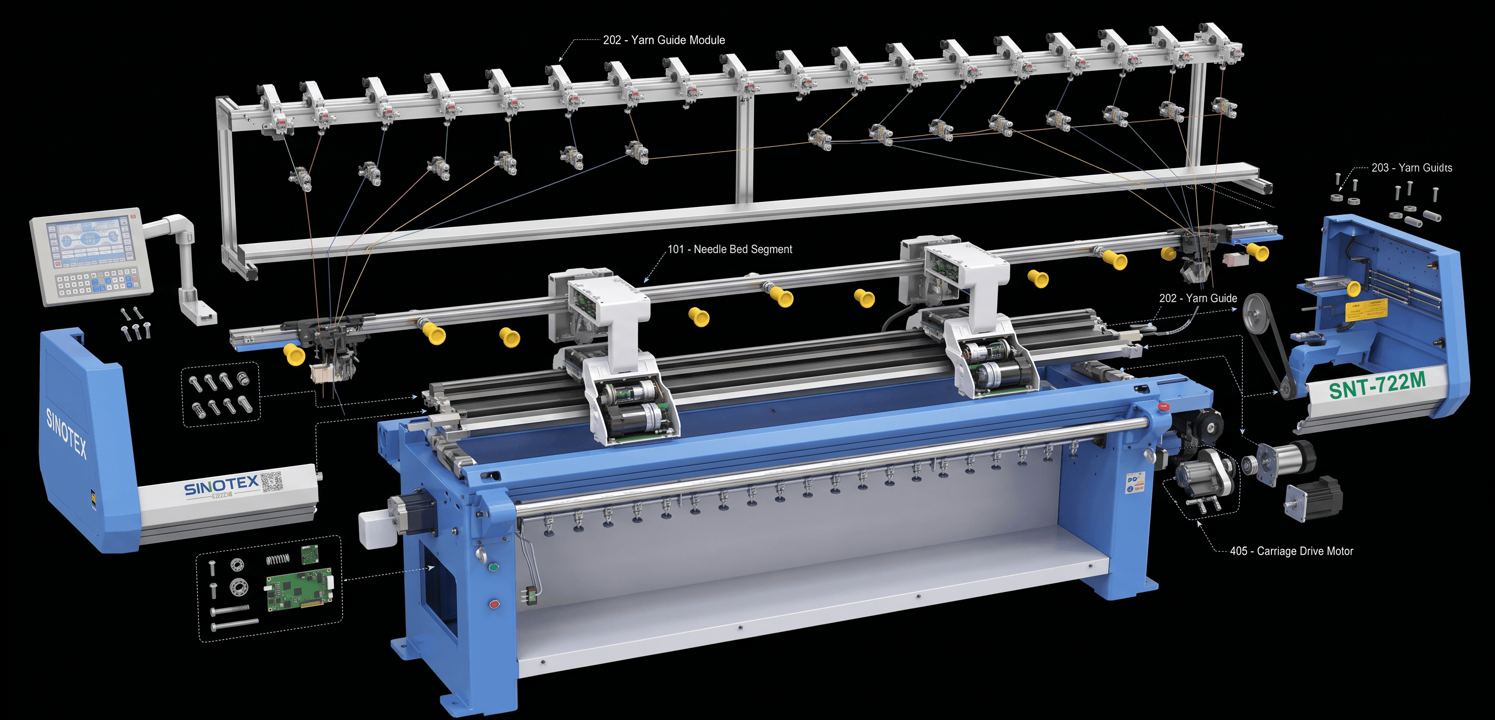 Máquina retilínea Sinotex apresentada em vista técnica completa